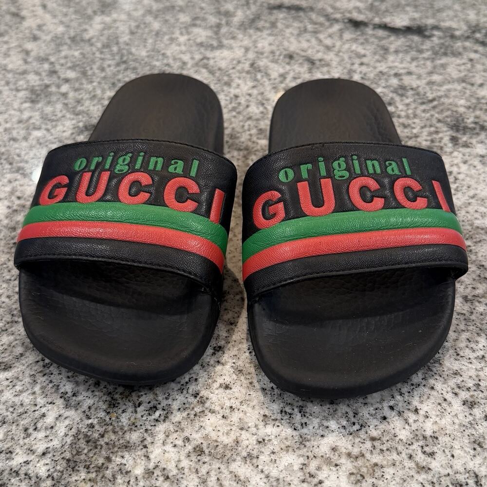 Kids GUCCI Original Logo Black w Green & Red Stripe-72 Pursuit Sport Slides-READ